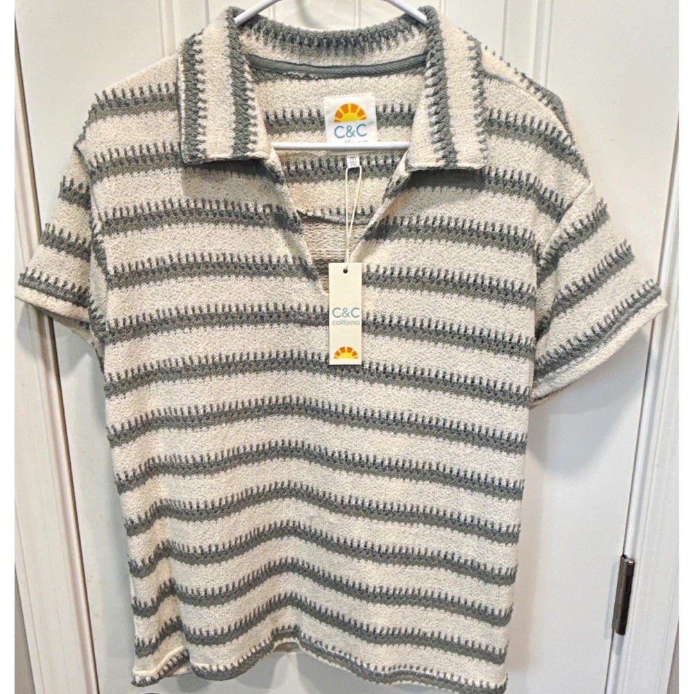 C&C California Womens Gray/White Striped Knit Collared Polo Sweater Sz M NWT